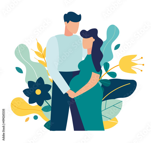 pregnancy and motherhood. young couple is expecting baby. Pregnant woman with tummy on background of leaves. Girl with  boyfriend newborn baby. positive pregnancy test. Vector illustration 