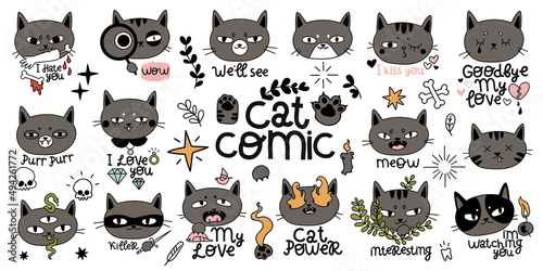 set of gray cats comic, cute faces good and bad, hand drawing, vector art