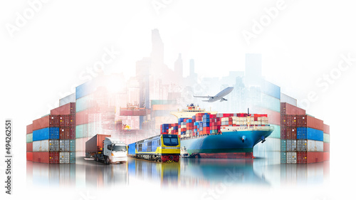 Global logistics transportation import export of containers cargo ship, freight train and airplane with red container truck at port shipping dock yard on city white background with copy space photo