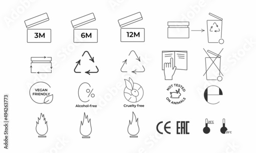 Cosmetic package icons set for recycle plastic product. Vector stock illustration isolated on white background. Editable stroke. photo