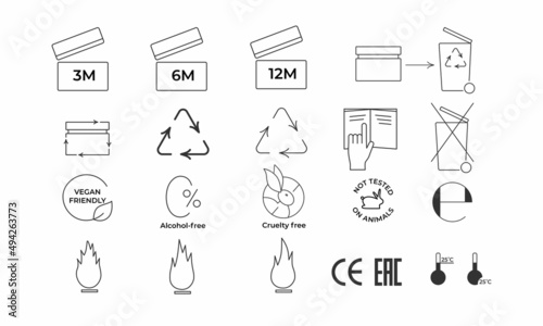Cosmetic package icons set for recycle plastic product. Vector stock illustration isolated on white background. Editable stroke.