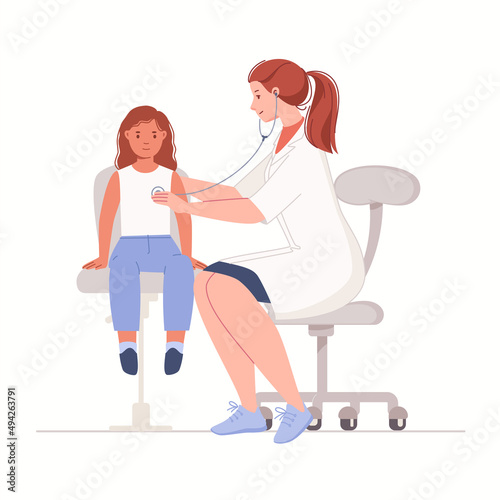 Pediatrician during reception of small patient. Young friendly doctor auscultates to female child's heart and lungs with stethoscope. Characters of illustration isolated on white background. Flat cart
