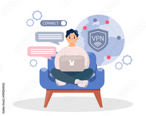 A young man uses a VPN to protect his personal data on a computer