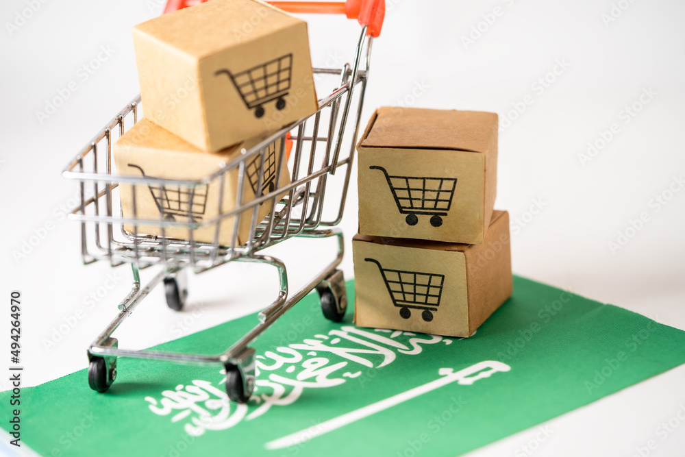Box with shopping cart logo and Saudi Arabia flag, Import Export Shopping online or eCommerce finance delivery service store product shipping, trade, supplier concept.