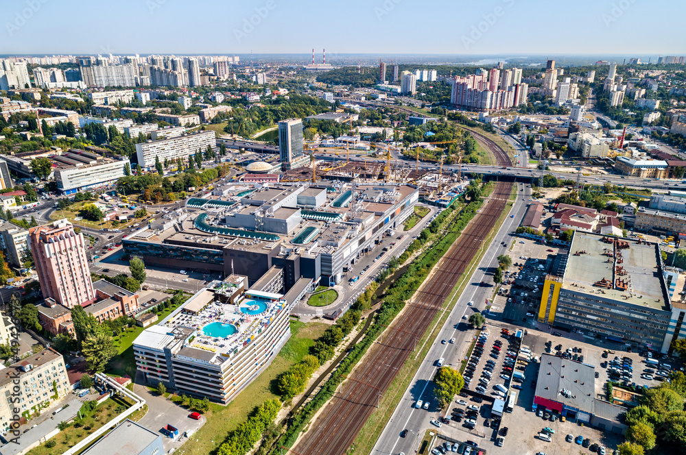 Fototapeta premium Aerial view of a shopping mall at Lybidska station in Kyiv, the capital of Ukraine, before the war with Russia