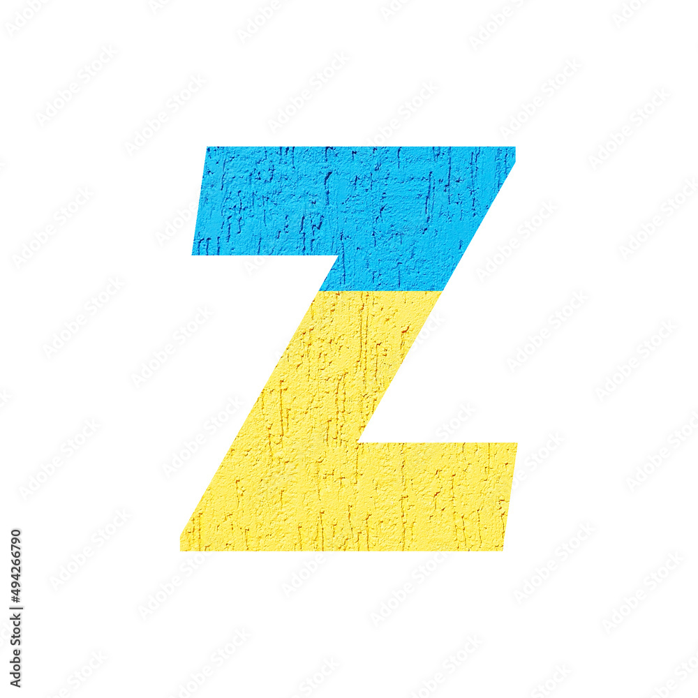 Obraz premium Lowercase letter z in the colors of the Ukrainian flag. The font is isolated on a white background. This alphabet is ideal for inscriptions related to Ukraine, Russia and the political situation..