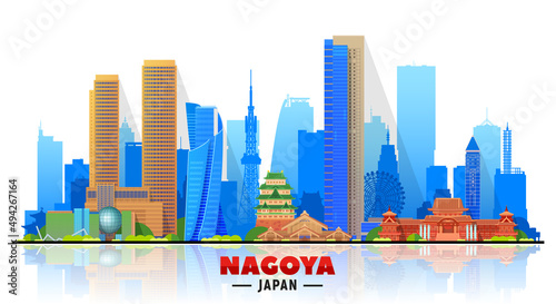 Nagoya   Japan   skyline with panorama in sky background. Vector Illustration. Business travel and tourism concept with modern buildings. Vector for presentation  banner  web site.