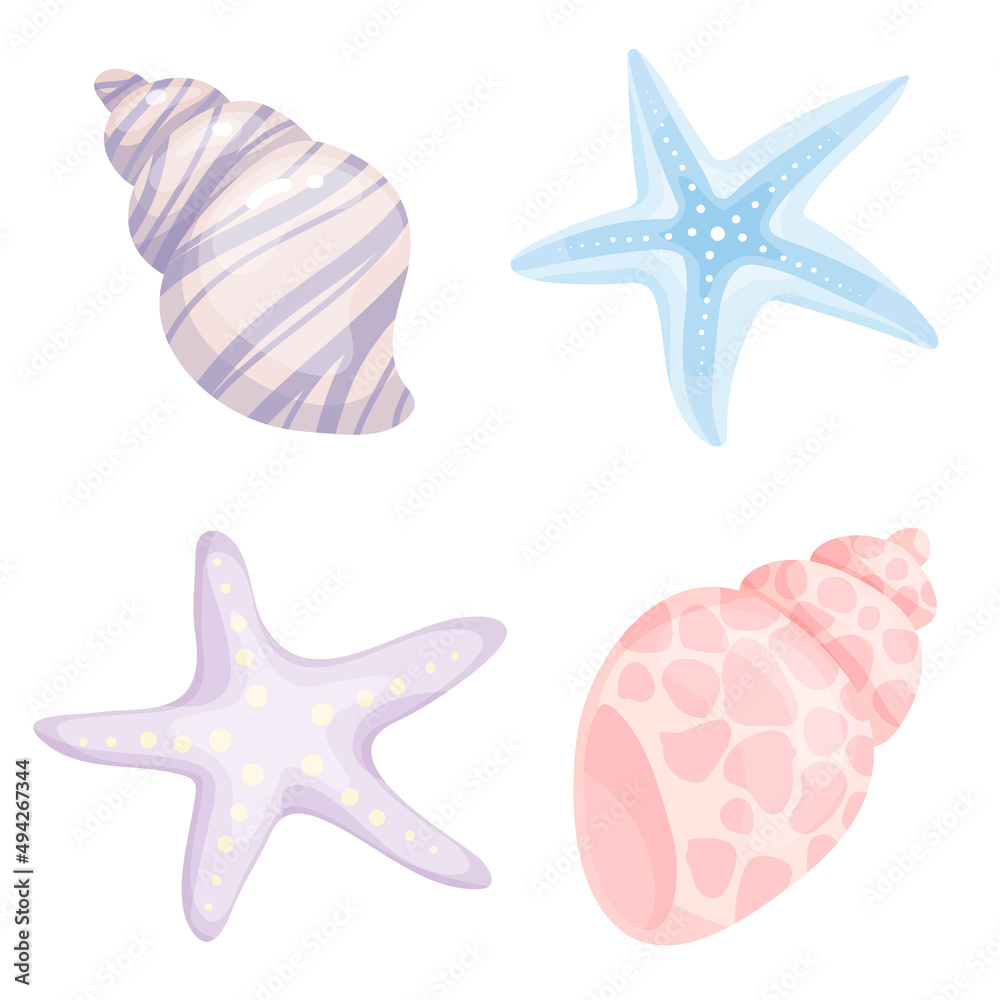 Set of starfish and shells.Cartoon vector graphics.