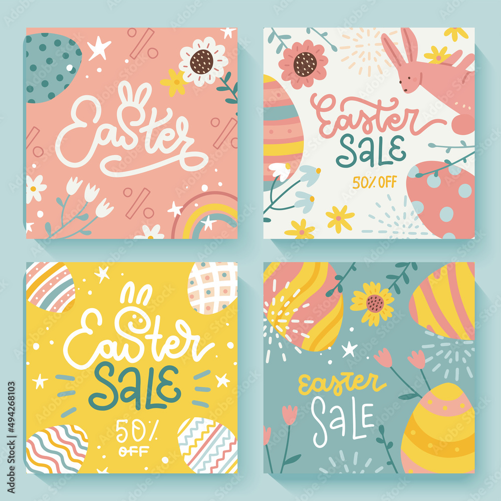 Happy Easter Set of banners, holiday social media covers. Trendy cute design with lettering, spring flowers, stars, eggs and bunny in pastel colors. Modern minimalist vector design for cards, posters