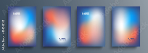 Set of blurred backgrounds with modern abstract blurred color gradient patterns. Templates collection for brochures, posters, banners, flyers and cards. Blue, orange and white. Vector illustration.
