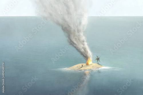 фотографія Illustration of lonely man on a desert little island asking for help with smoke