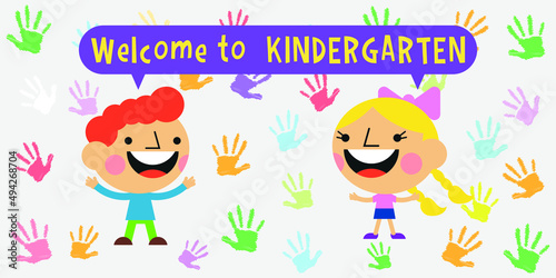 Colorful  handprints and cute kids on kindergarten