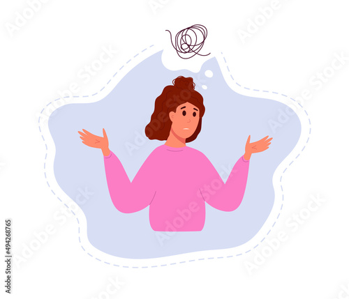 Woman with her confused thoughts. Mental health concept. Vector illustration