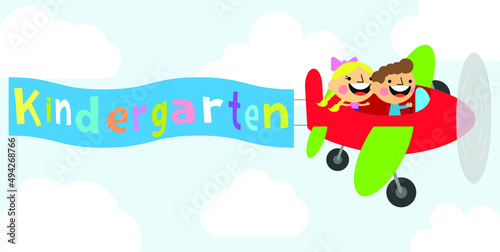 Kindergarten children fly and   the mother school pennant 