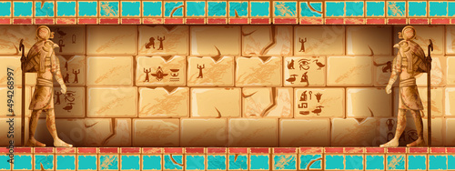 Fotografiet Egypt temple wall, vector Egyptian tomb background, Horus statue, hieroglyphs, ancient pyramid interior