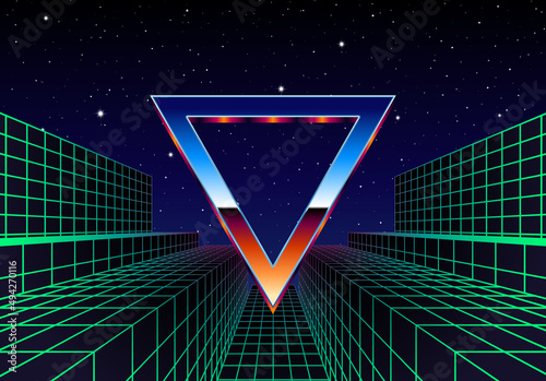 Synthwave frame with chrome triangle and 80s styled synthwave arcade game landscape.