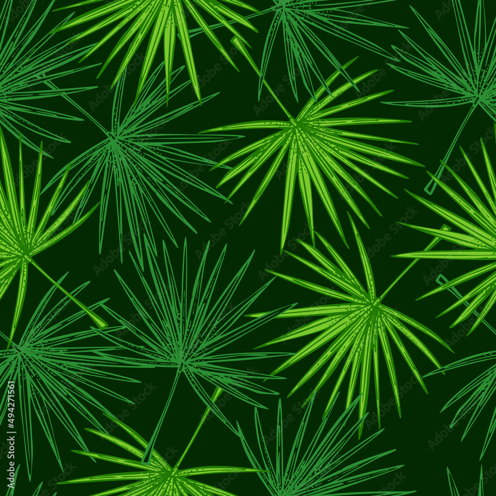 Fan palm leaves seamless pattern.Retro tropical branch in engraving style.