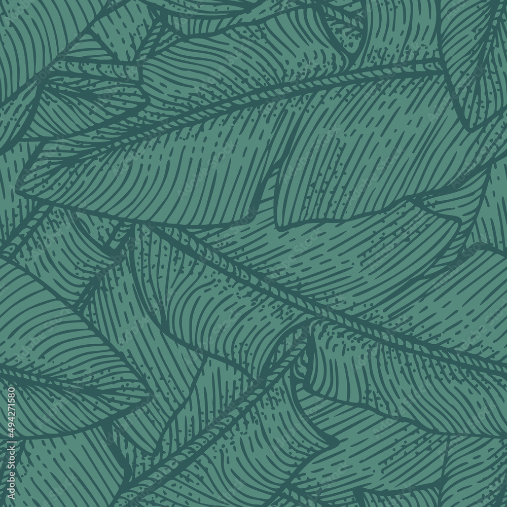 Banana leaves seamless pattern.Retro tropical branch in engraving style.