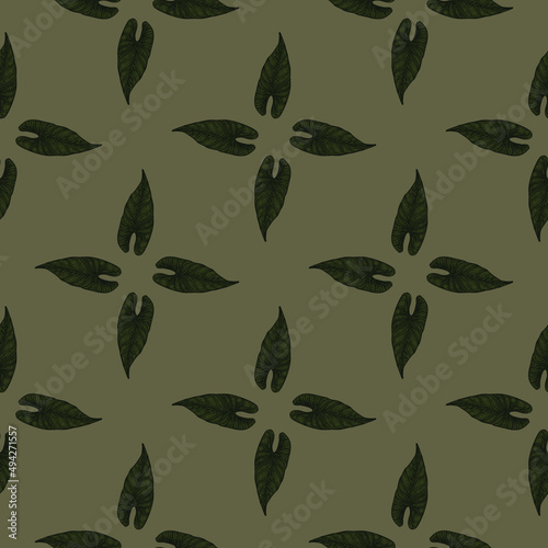 Engraving leaf araceae seamless pattern. Vintage leaves background.