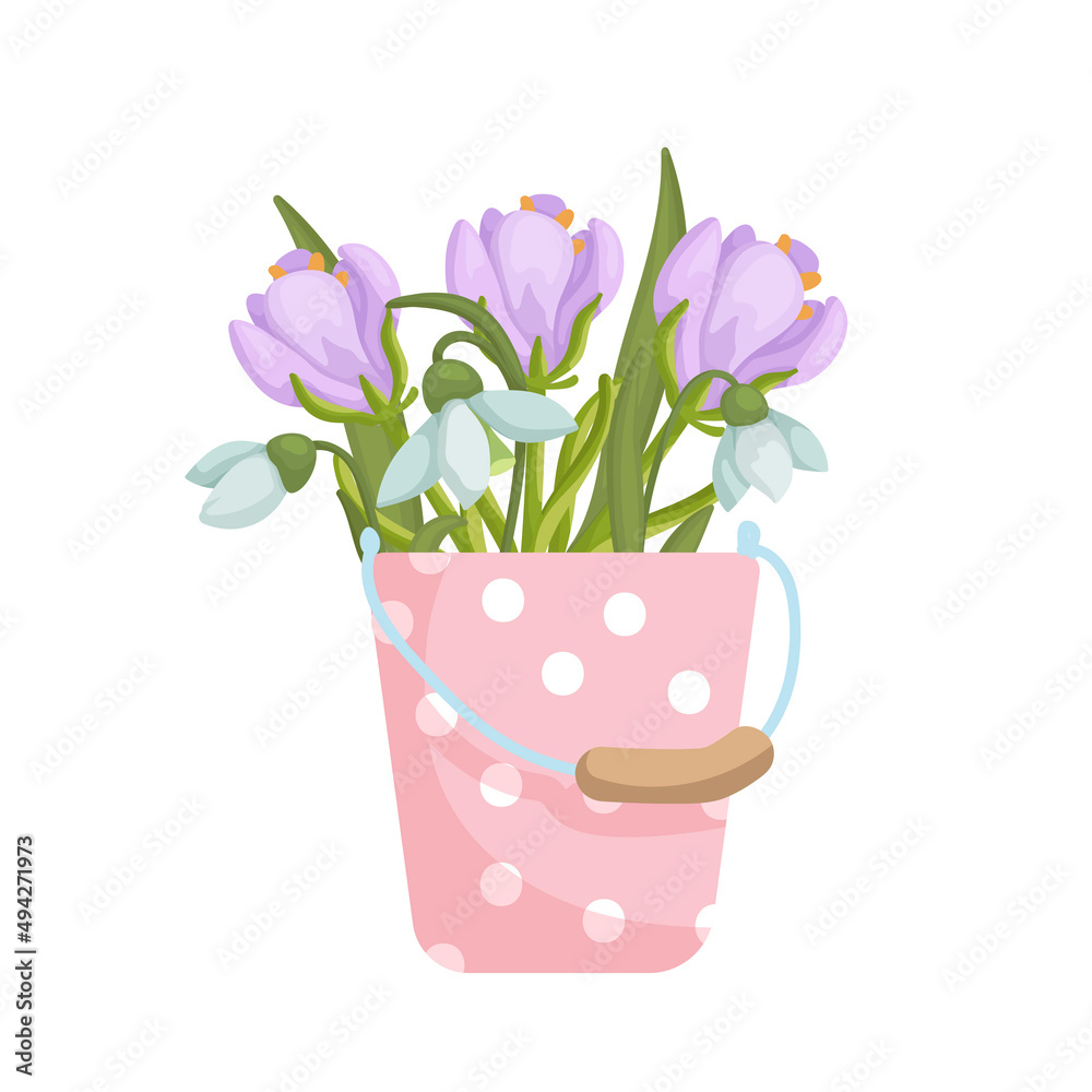 Obraz premium Bouquet of spring flowers in vintage bucket.Cartoon vector graphic.