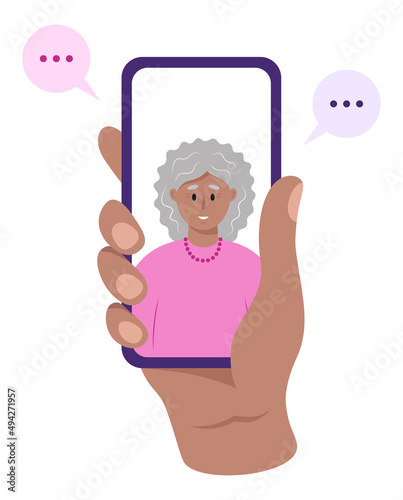 Hand is holding a mobile phone with a touch screen. Video call with senior woman, mother or grandmother. The concept of caring for the elderly people. Vector illustration in flat style.