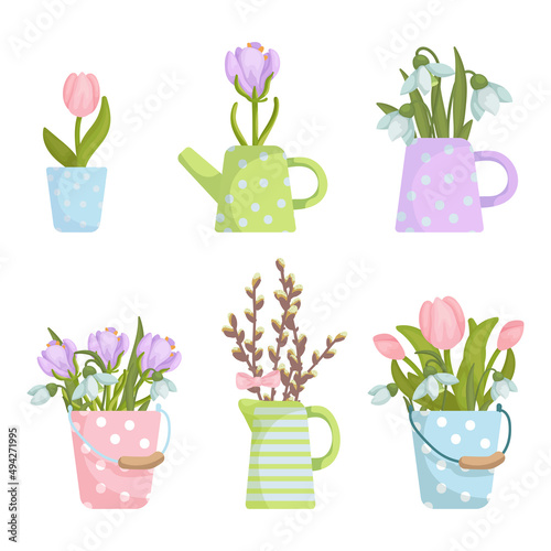Set of bouquets of spring flowers in vintage buckets.Cartoon vector graphics.