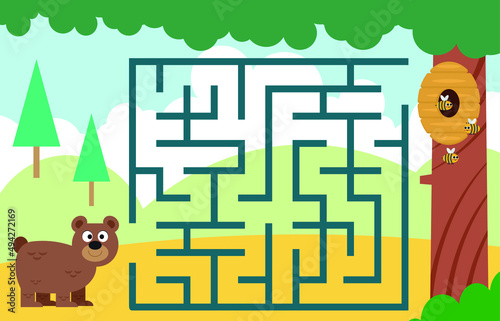 Maze,  vector, illustration, labyrinth, puzzle, arrow, game, puzzle page for children with bear and honey