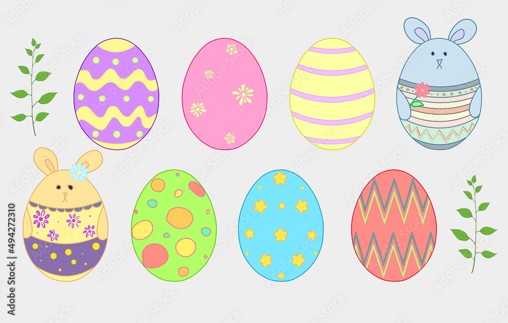 Easter eggs and bunnies.
Color illustration of Easter eggs. Eight colored eggs with patterns. Two rabbits: a boy and a girl. Idea for Easter cards and children's books. Easter eggs and bunnies.
Color illustration of Easter eggs. Eight colored eggs with patterns. Two rabbits: a boy and a girl. Idea for Easter cards and children's books.