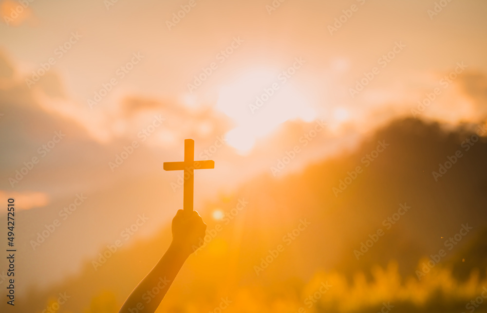 The Crucifixion of Jesus Christ at Sunrise - Three Crosses On Hill. Religious Concepts