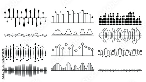 Fototapeta Naklejka Na Ścianę i Meble -  Set Black Collection Abstract Elements Audio Waves Voice Sound Music Shapes Vector Design Style
