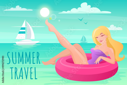 Woman swimming on pink float circle in blue ocean waves. Vector illustration