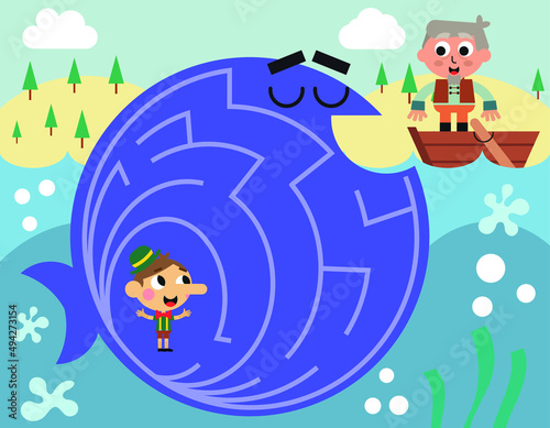 Maze,  vector, illustration, labyrinth, puzzle, arrow, game, puzzle page for kids on Pinocchio