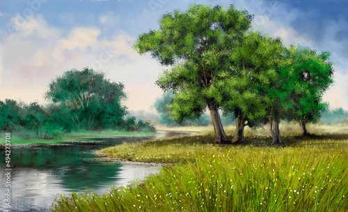 Digital oil paintings summer landscape, trees on the river, landscape with trees and water