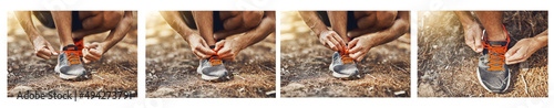 How to tie your shoelaces. Composite shot of a young person tying their shoelaces step by step outdoors before a workout.