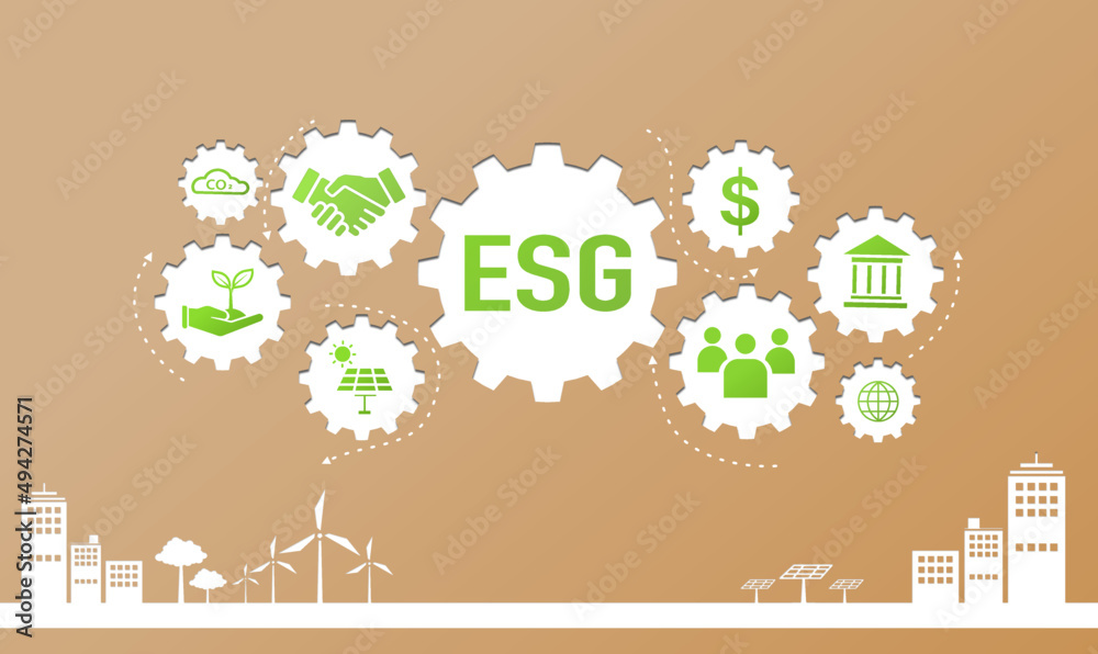 Paper cut ESG banner web icon for business and organization, Environment, Social, Governance in the sky with green city. Paper cut ESG banner web icon for business and organization, Environment, Social, Governance in the sky with green city.