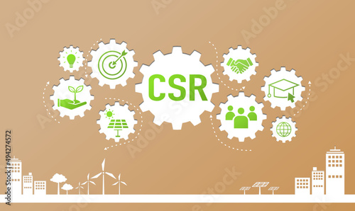 Paper cut CSR Banner web icon for business and organization, Corporate social responsibility and giving back to the community on green sky with green city.
