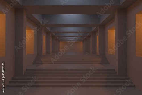Gallery with artificial lighting, in warm and cold tones, in modern minimalist architecture. Interior of stairs with columns. 3D rendering.