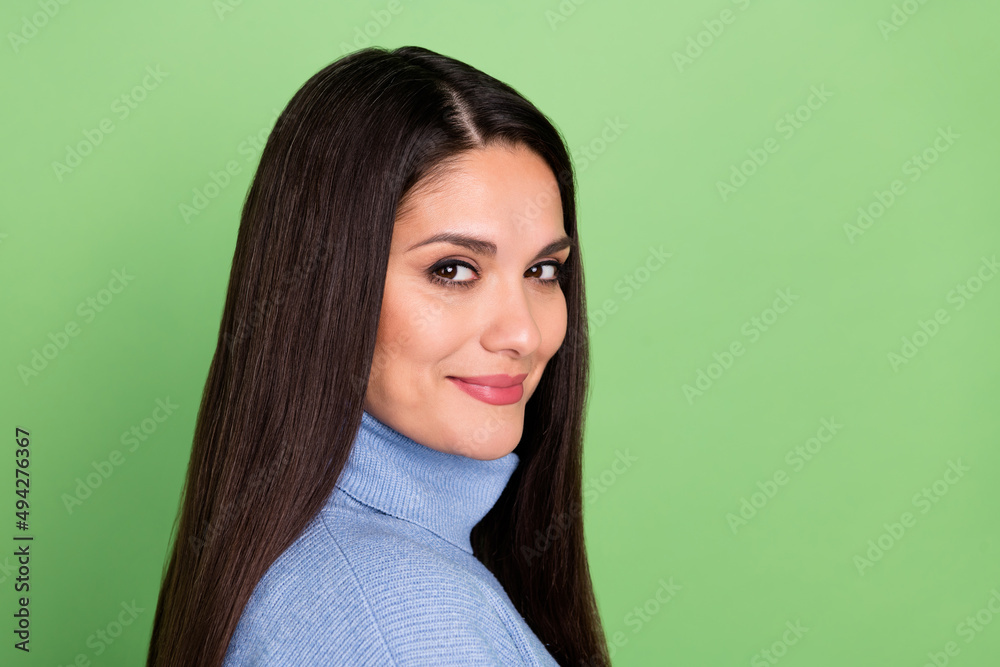 Fototapeta premium Photo of sweet young brunette lady wear blue turtleneck isolated on green color background