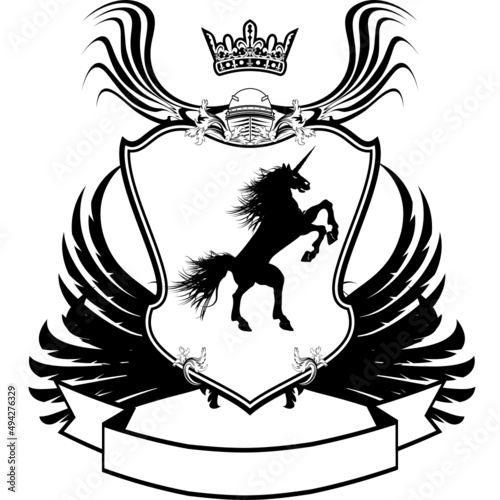 heraldic unicorn horse coat of arms emblem crest tattoo illustration in vector format