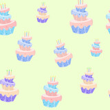 Seamless cake pattern three-layer cartoon cakes on yellow background