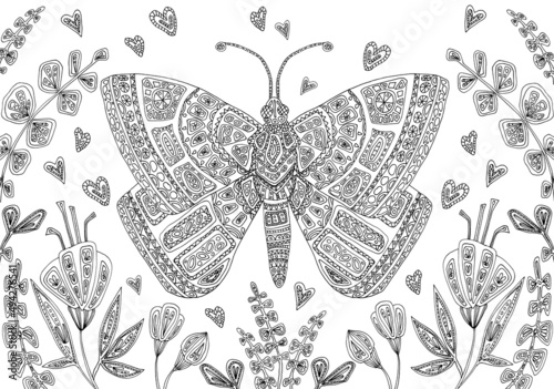 Antistress coloring page with zentangle freehand drawn butterfly with lots of small details for adults. 