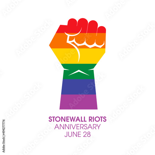Stonewall Riots Anniversary vector. Rainbow LGBT colored hand raised fist vector. Rainbow hand with clenched fist icon. LGBTQ design element isolated on a white background. June 28. Important day photo