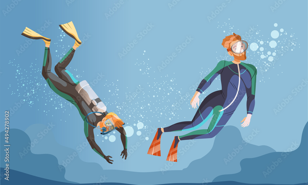 People dressed wetsuit scuba diving and snorkeling vector illustration