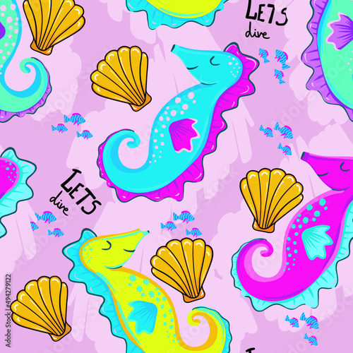 cute seamless vector pattern with seahorse . Kids hand drawn pattern for kids wear, wrapping paper, fashion, and more