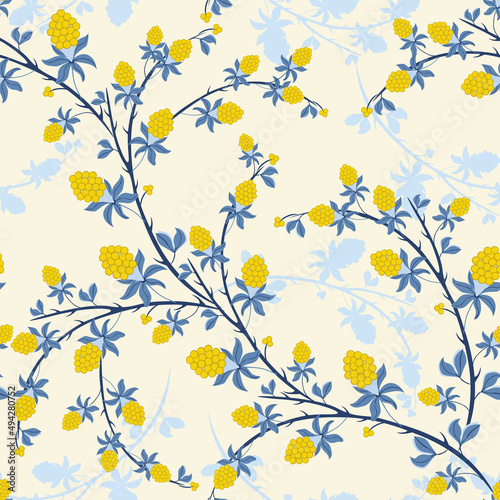 Seamless vector pattern with natural motifs: blackberry branches, leaves and berries. Delicate background in yellow and blue tones. Repeating design for decor, packaging, print, wallpaper, textile © Bereletik Art