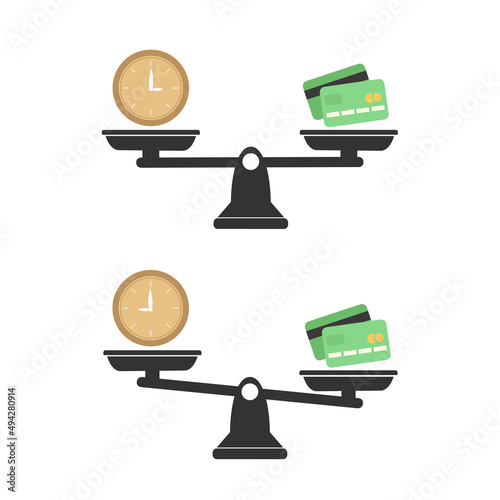 Money and Time balance an imbalance of scales. Clock and money symbols on scale. Set of Scales. Time is Money