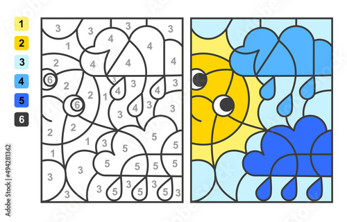 Color by numbers sun and clouds. Puzzle game for children education, colors for drawing and learning mathematics