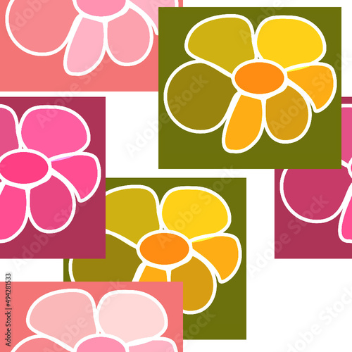Seamless pattern of abstract flowers in pink, yellow and green shades on a rectangular background for textile.