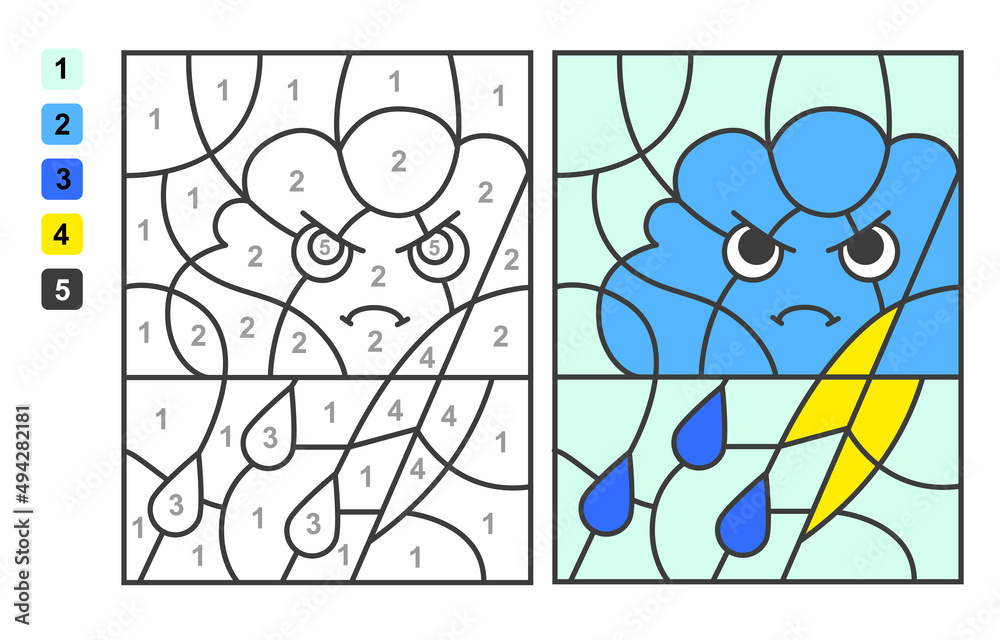 Fototapeta premium Color by numbers cloud and thundes. Puzzle game for children education, colors for drawing and learning mathematics