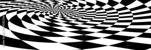 Abstract Black and White Pattern with Squares. Contrasty Optical Psychedelic Illusion. Smooth Checkered Spiral and Chessboard in Perspective. Raster. 3D Illustration